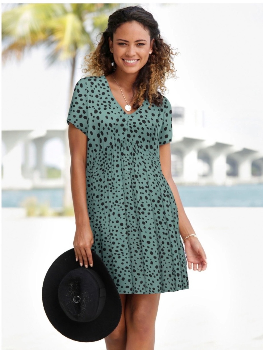Lascana Slate Blue V-Neck Babydoll Dress with Black Spot Print